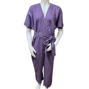 Love and Confuse Jumpsuit Purple Linen Short Sleeve V-neck Lightweight Size M